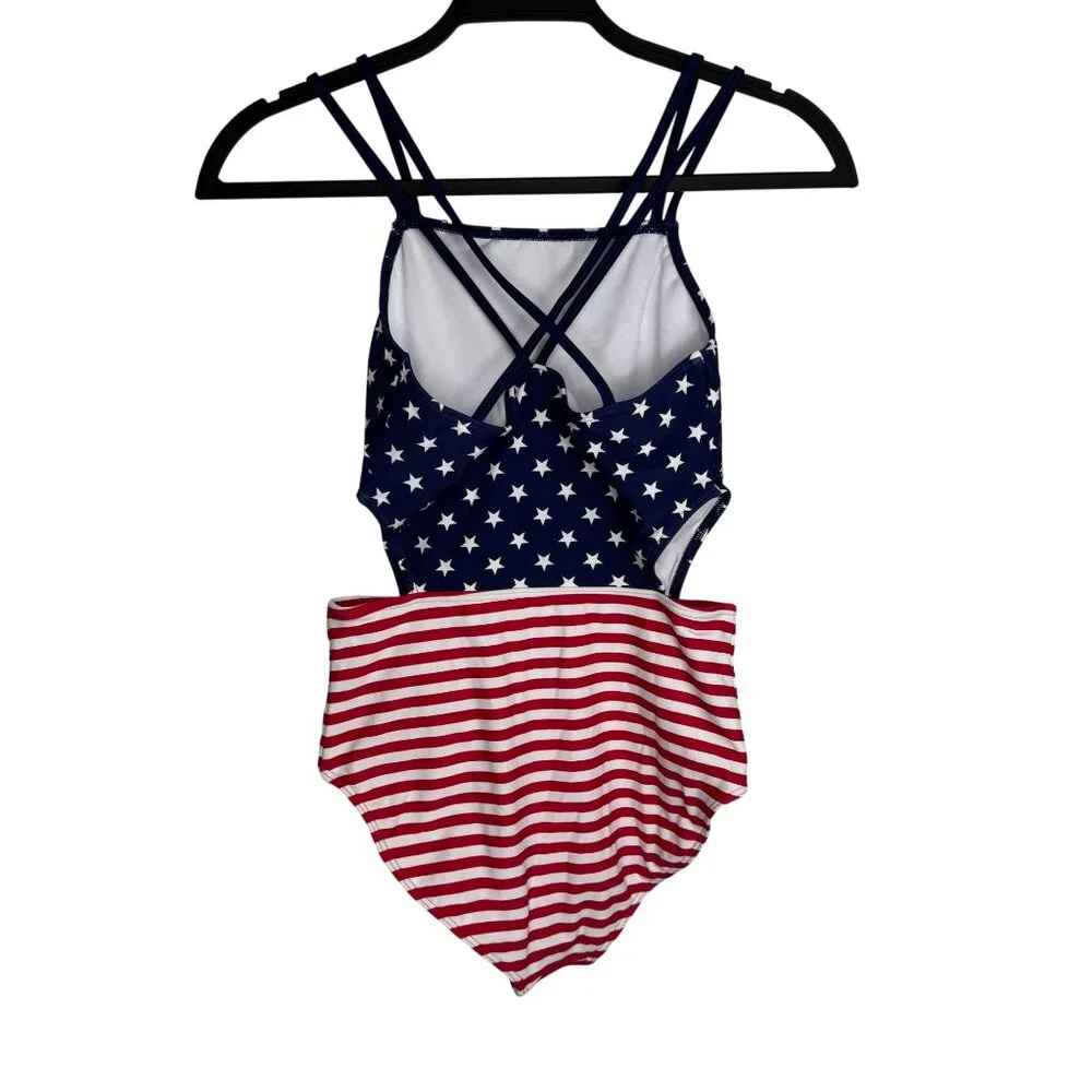 Okanu American Flag One Piece Swimsuit Stars & Stripes Cutout Design Girls Sz 16